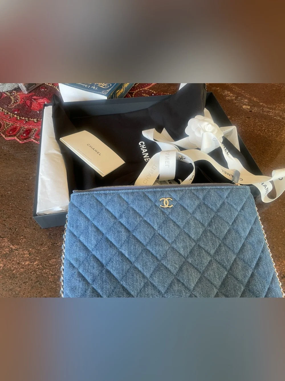 NWT authentic CHANEL Blue Quilted Denim Chain Pouch clutch Silver chain trim  CC